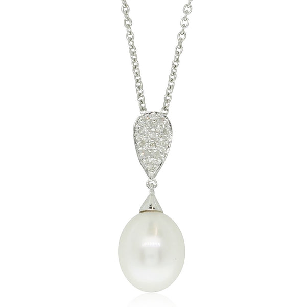 9ct White Gold Pearl & Diamond Pendant - Walker & Hall