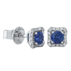 18ct White Gold .65ct Sapphire & Diamond Halo Earrings - Earrings - Walker & Hall