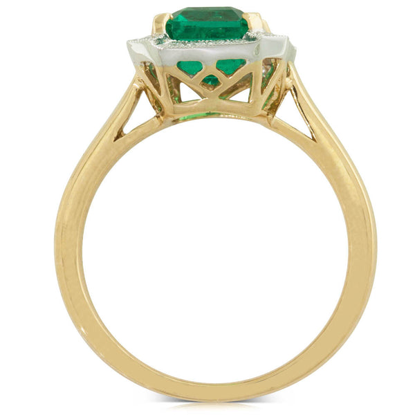 18ct Yellow & White Gold Emerald & Diamond Halo Ring - Walker & Hall