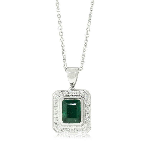 18ct White Gold 1.00ct Emerald & Diamond Halo Pendant - Walker & Hall