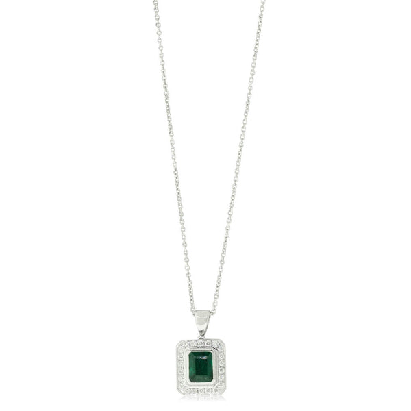 18ct White Gold 1.00ct Emerald & Diamond Halo Pendant - Walker & Hall