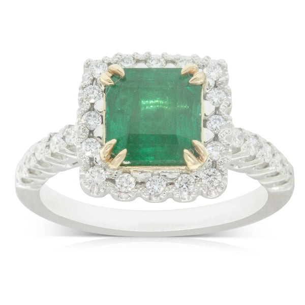 18ct White Gold 1.84ct Emerald & Diamond Halo Ring - Walker & Hall