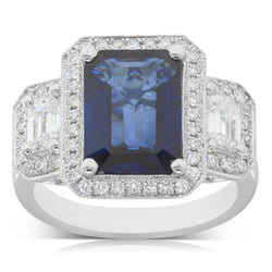 18ct White Gold 4.10ct Sapphire & Diamond Halo Ring - Walker & Hall