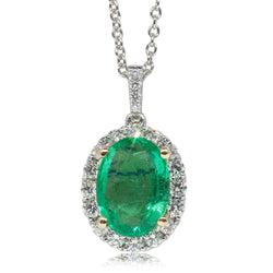 18ct White Gold 1.62ct Emerald & Diamond Halo Pendant - Walker & Hall