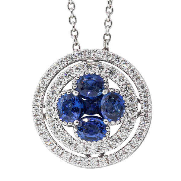 18ct White Gold 1.15ct Sapphire & Diamond Halo Pendant - Necklace - Walker & Hall